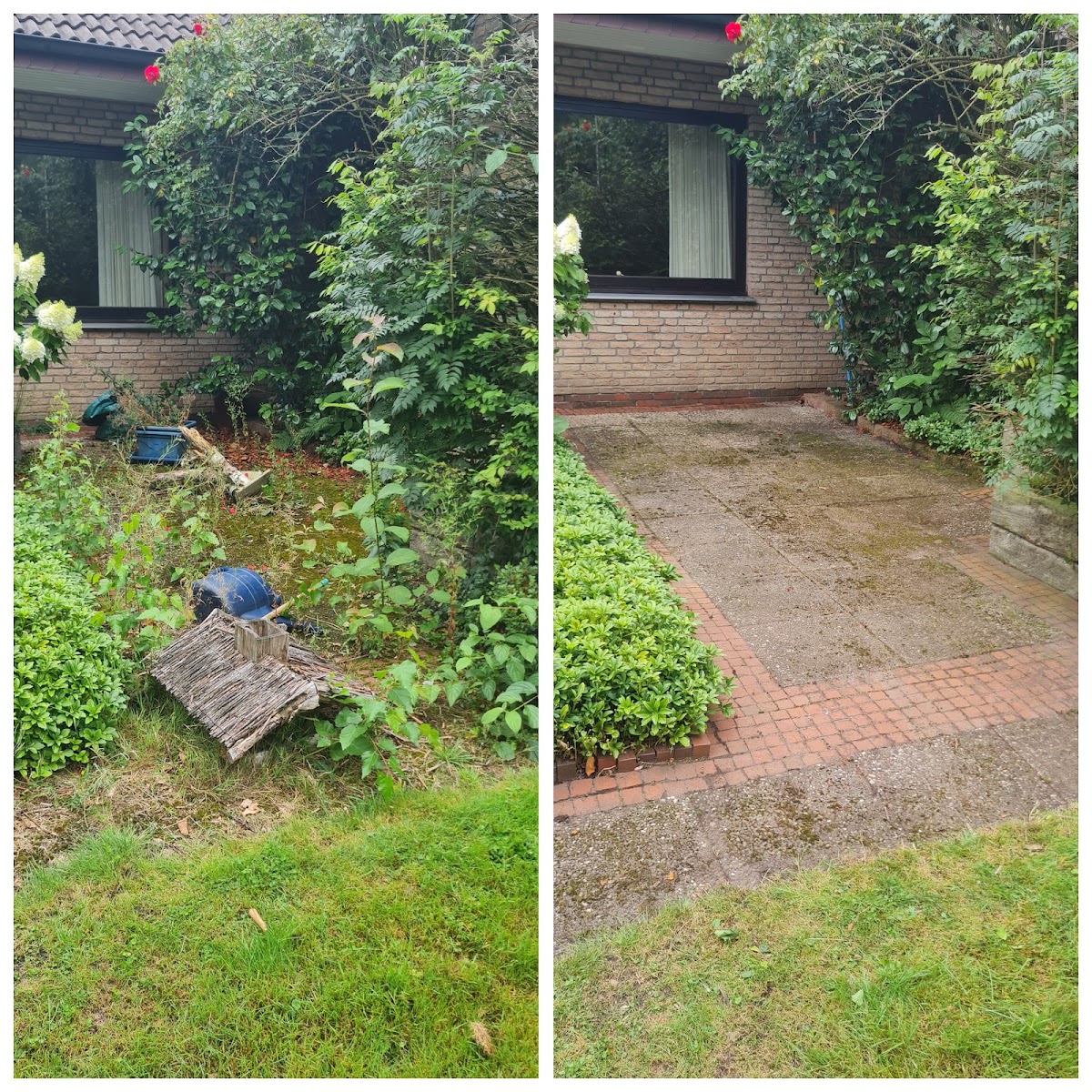 Vorher und nachher: zugewachsene Hausecke wird zur gepflasterten Terrasse
